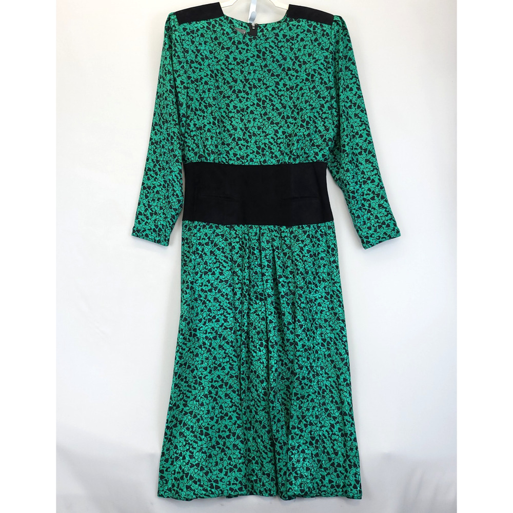 B.G. Street Dress Pleated Shoulder Pads Leather Trim Women 14 Green Black Vtg